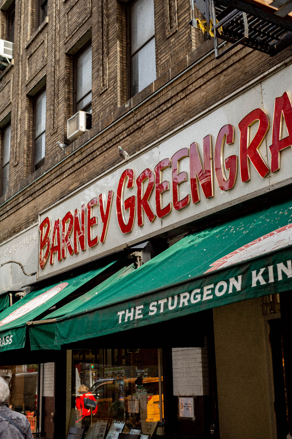 The storefront sign for Barney Greengrass reads 'The Sturgeon King' on its green awning.