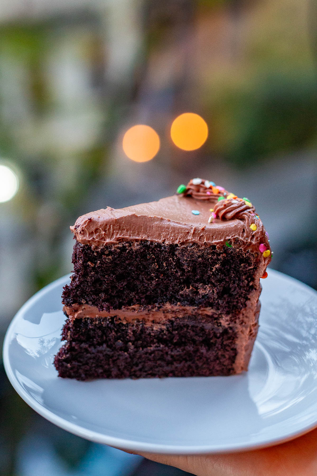 A slice of chocolate layer cake with sprinkles is held on a white plate outdoors at dusk.