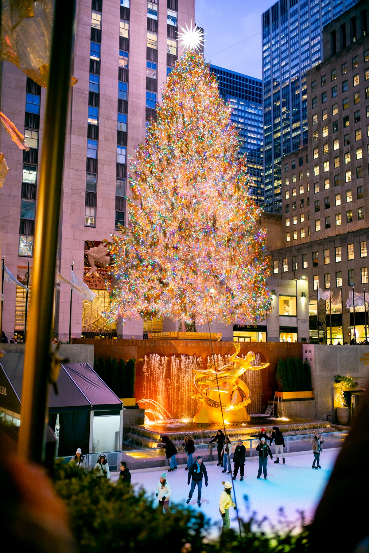 The skating rink at Rockefeller Center, overlooked by rink-level restaurants